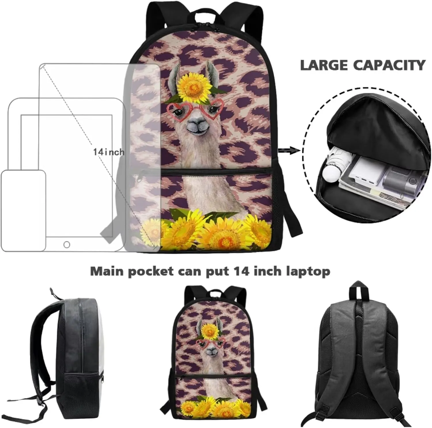 Poceacles Alpaca Leopard Print Backpacks for Kids School Backpack with Lunch Box Pencil Bag 3 In 1 School Backpacks Book Bag with Pencil Case Lightweight Daypack Bookbag Back to School Supplies