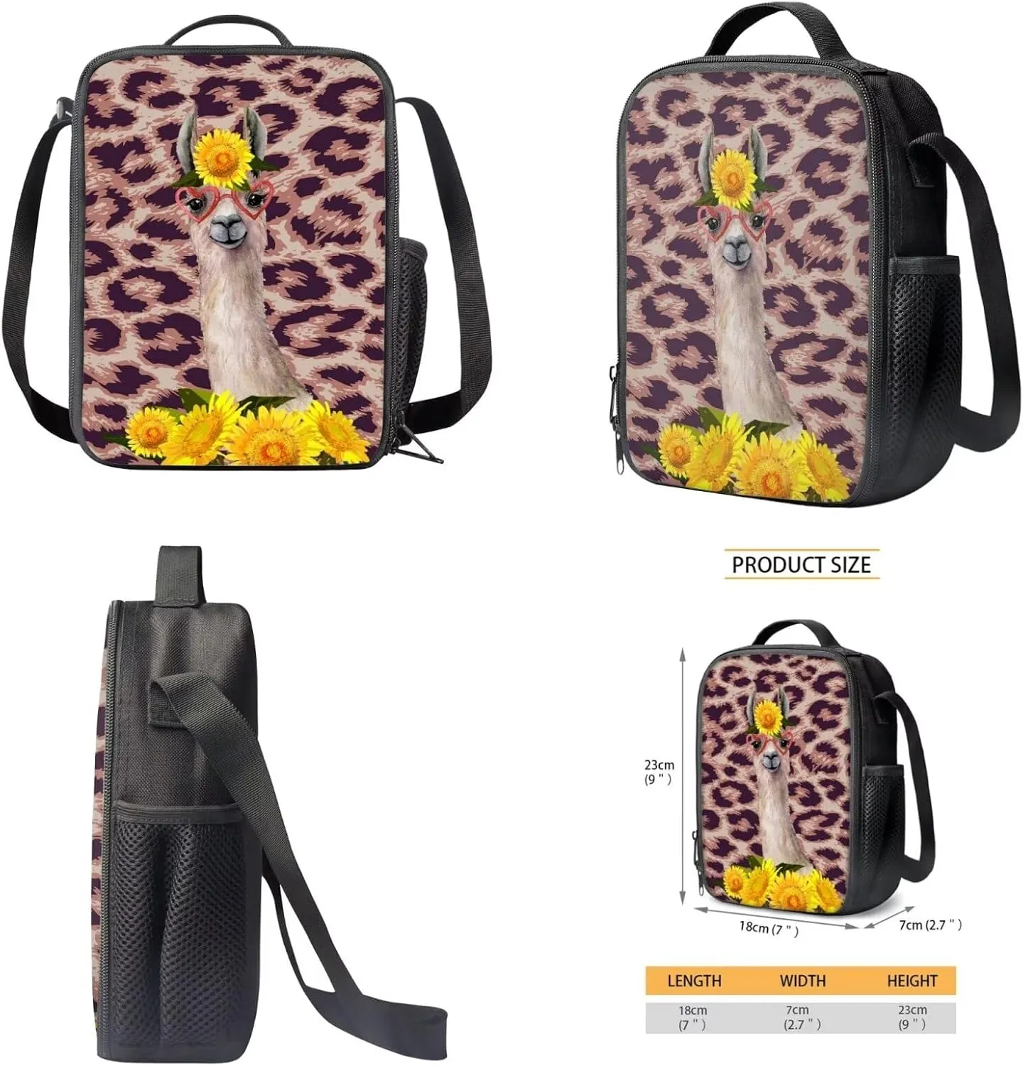 Poceacles Alpaca Leopard Print Backpacks for Kids School Backpack with Lunch Box Pencil Bag 3 In 1 School Backpacks Book Bag with Pencil Case Lightweight Daypack Bookbag Back to School Supplies