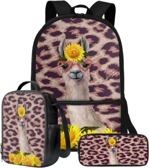 Poceacles Alpaca Leopard Print Backpacks for Kids School Backpack with Lunch Box Pencil Bag 3 In 1 School Backpacks Book Bag with Pencil Case Lightweight Daypack Bookbag Back to School Supplies