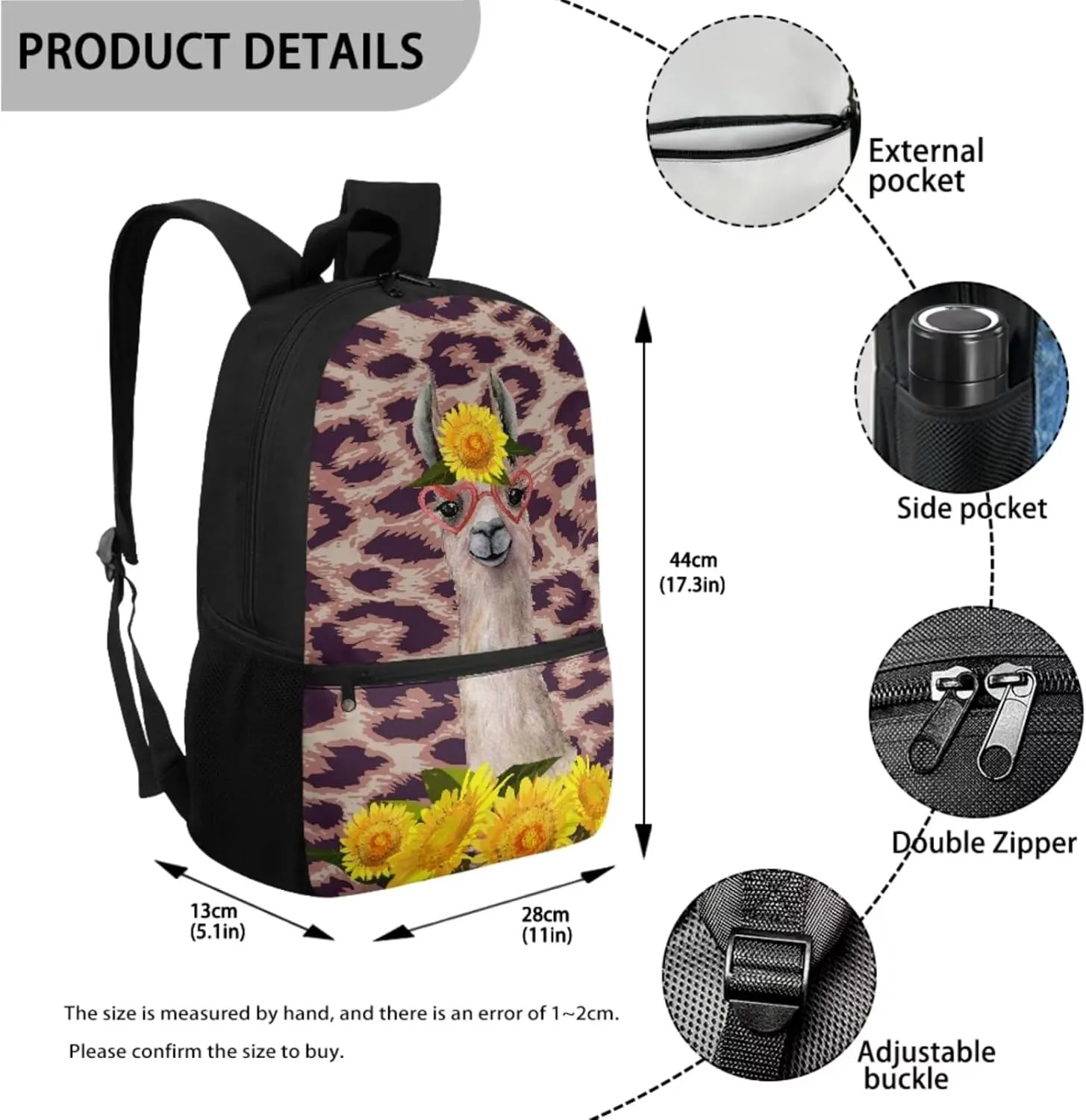 Poceacles Alpaca Leopard Print Backpacks for Kids School Backpack with Lunch Box Pencil Bag 3 In 1 School Backpacks Book Bag with Pencil Case Lightweight Daypack Bookbag Back to School Supplies