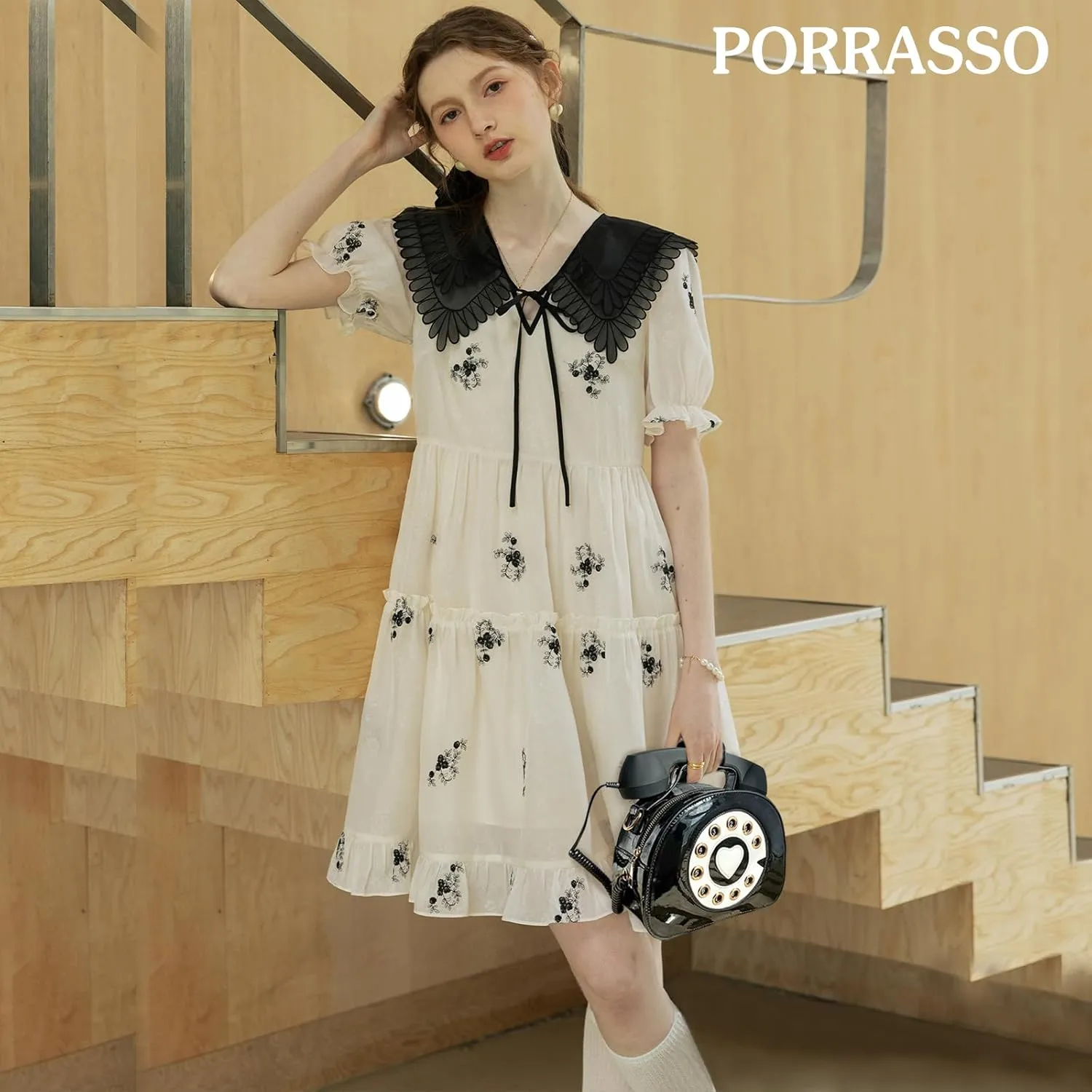 PORRASSO Crossbody Bag Women Creative Shoulder Bag PU Telephone Shaped Handbag Satchel Black
