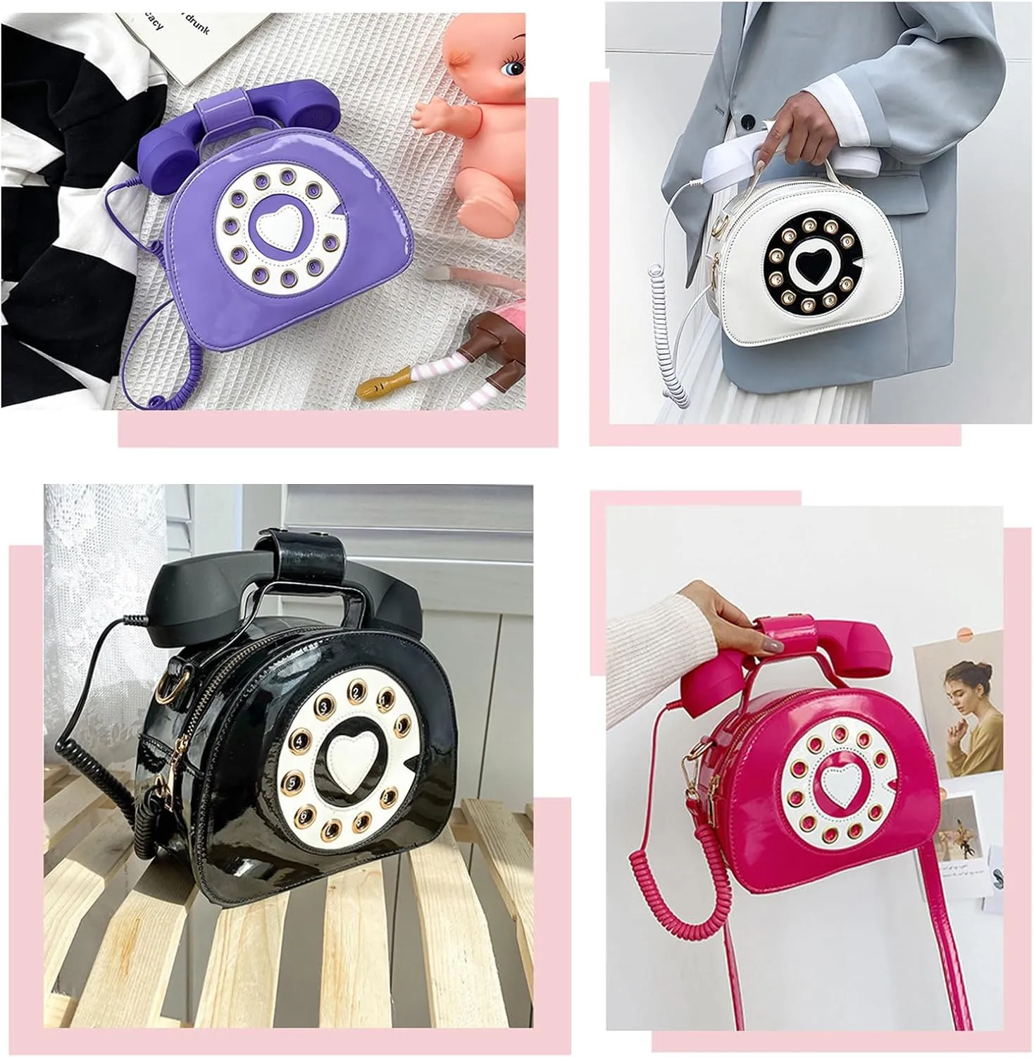 PORRASSO Crossbody Bag Women Creative Shoulder Bag PU Telephone Shaped Handbag Satchel Black