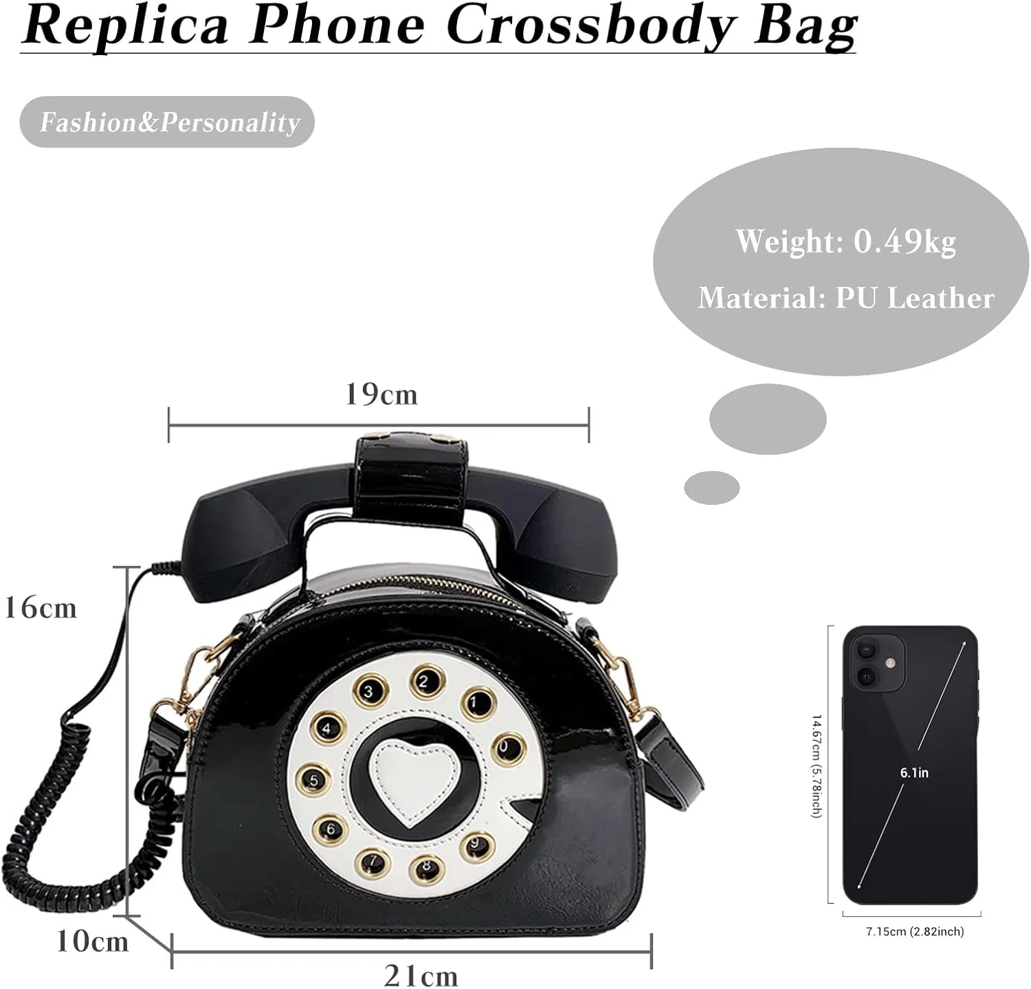 PORRASSO Crossbody Bag Women Creative Shoulder Bag PU Telephone Shaped Handbag Satchel Black