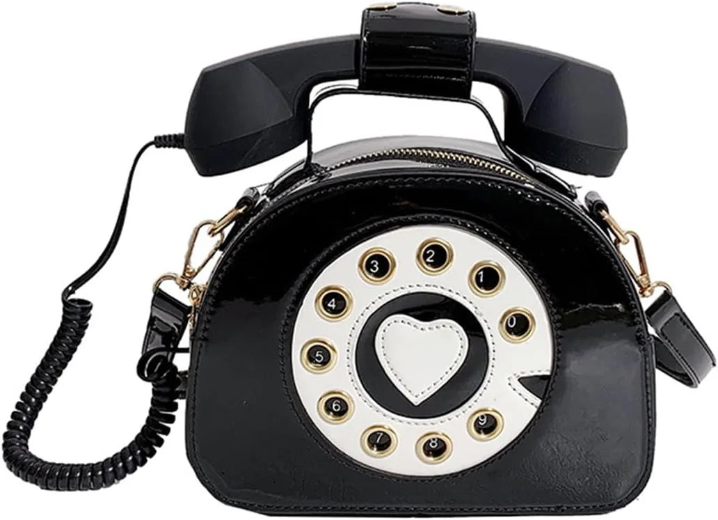 PORRASSO Crossbody Bag Women Creative Shoulder Bag PU Telephone Shaped Handbag Satchel Black