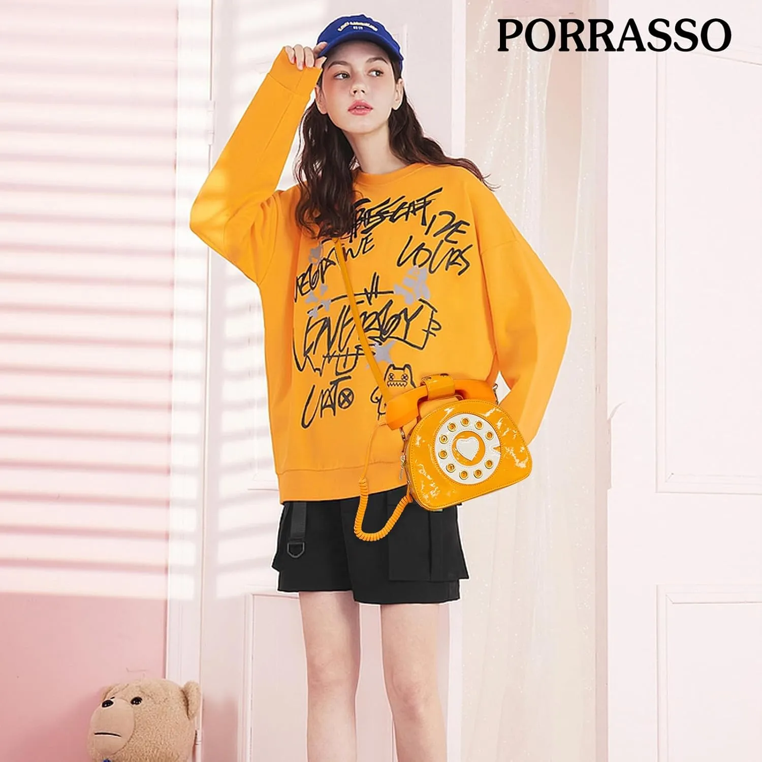 PORRASSO Crossbody Bag Women Creative Shoulder Bag PU Telephone Shaped Handbag Satchel Orange