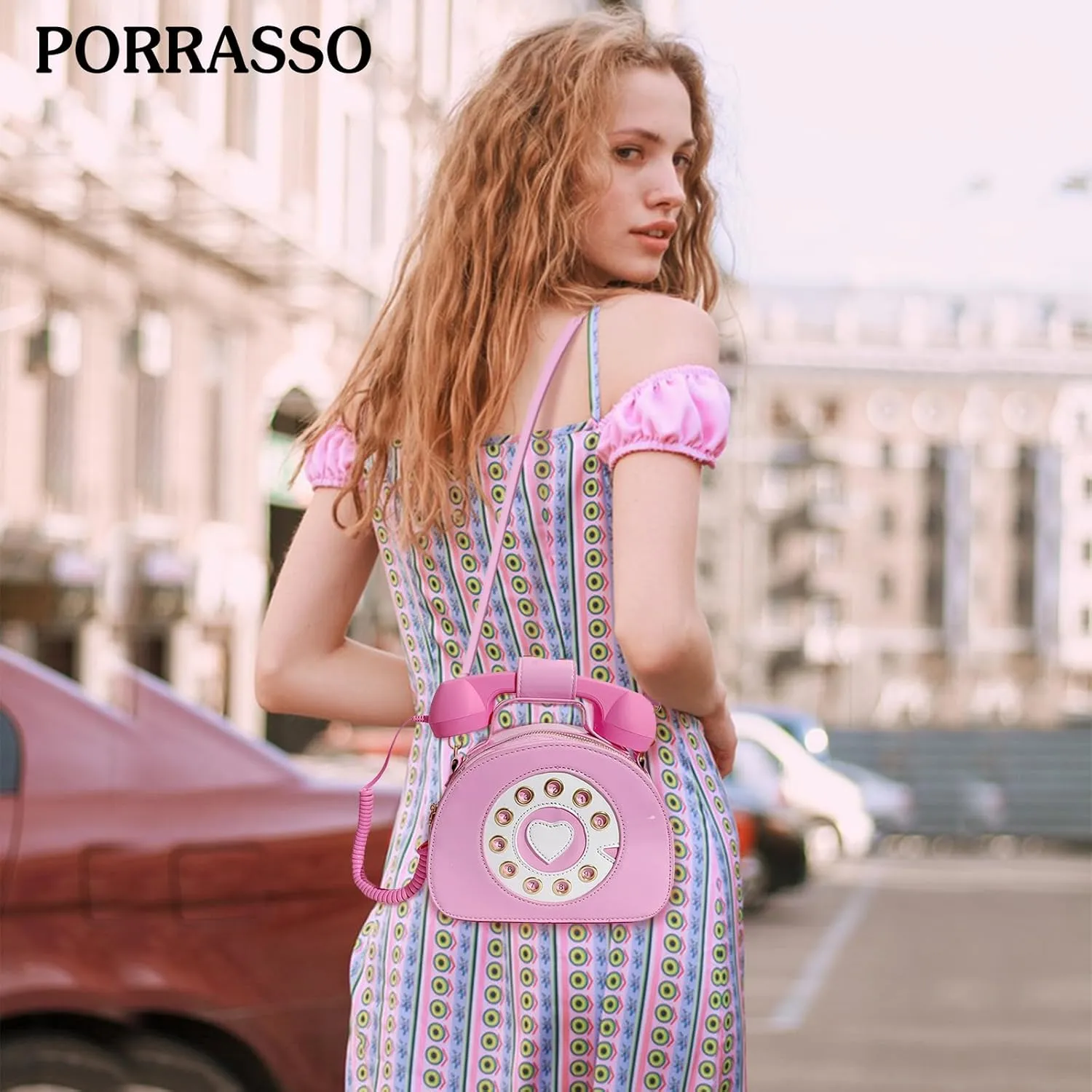 PORRASSO Crossbody Bag Women Creative Shoulder Bag PU Telephone Shaped Handbag Satchel Pink