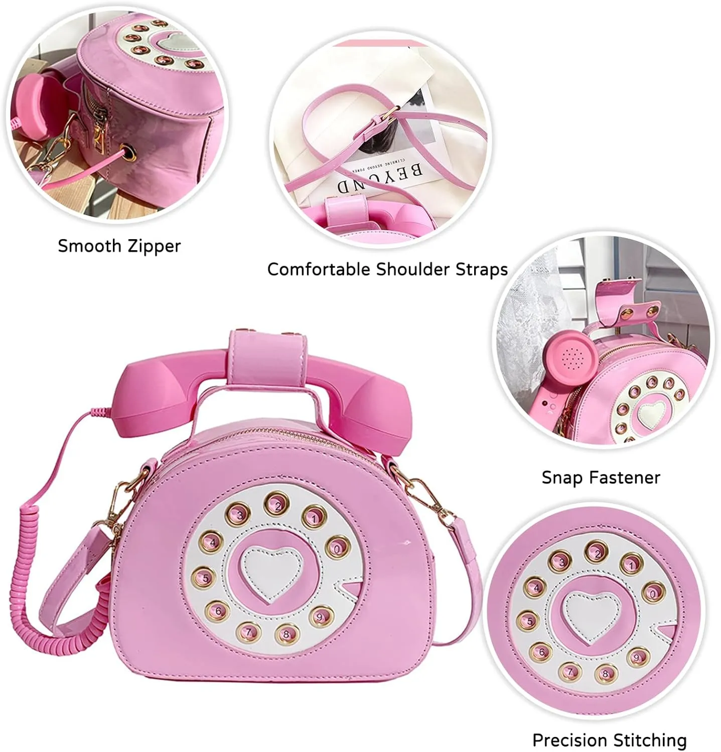 PORRASSO Crossbody Bag Women Creative Shoulder Bag PU Telephone Shaped Handbag Satchel Pink