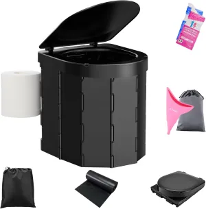 Portable Toilet for Camping, Porta Potty for Adults, Outdoor Folding Travel Toilet with Lid and Retractable Paper Holder, Includes Carry Bag, Female Urination Device and 4 Disposable Urine Bags