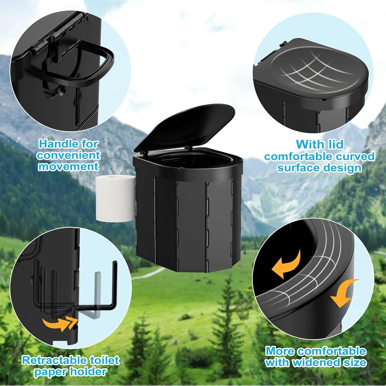 Portable Toilet for Camping, Porta Potty for Adults, Outdoor Folding Travel Toilet with Lid and Retractable Paper Holder, Includes Carry Bag, Female Urination Device and 4 Disposable Urine Bags