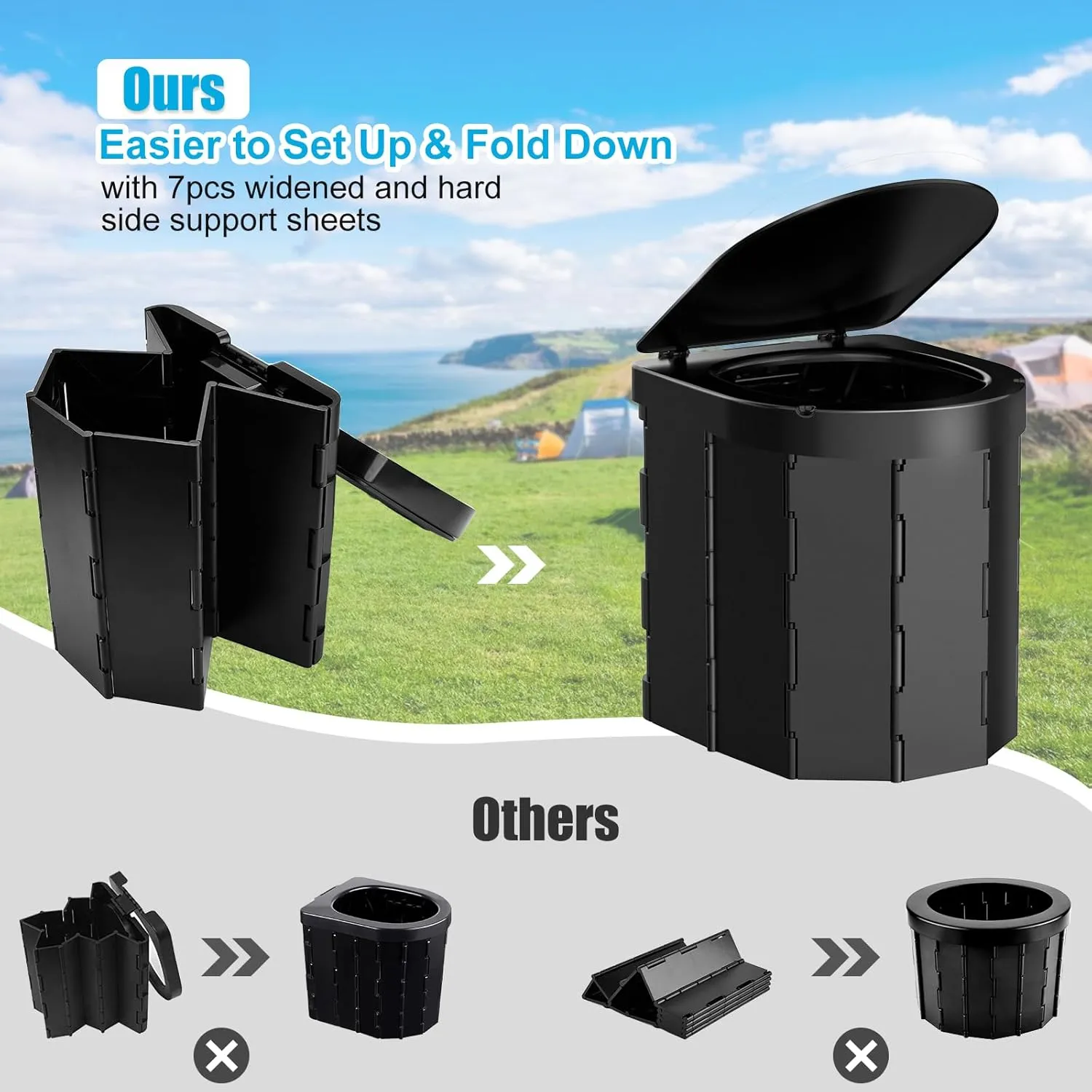 Portable Toilet for Camping, Porta Potty for Adults, Outdoor Folding Travel Toilet with Lid and Retractable Paper Holder, Includes Carry Bag, Female Urination Device and 4 Disposable Urine Bags