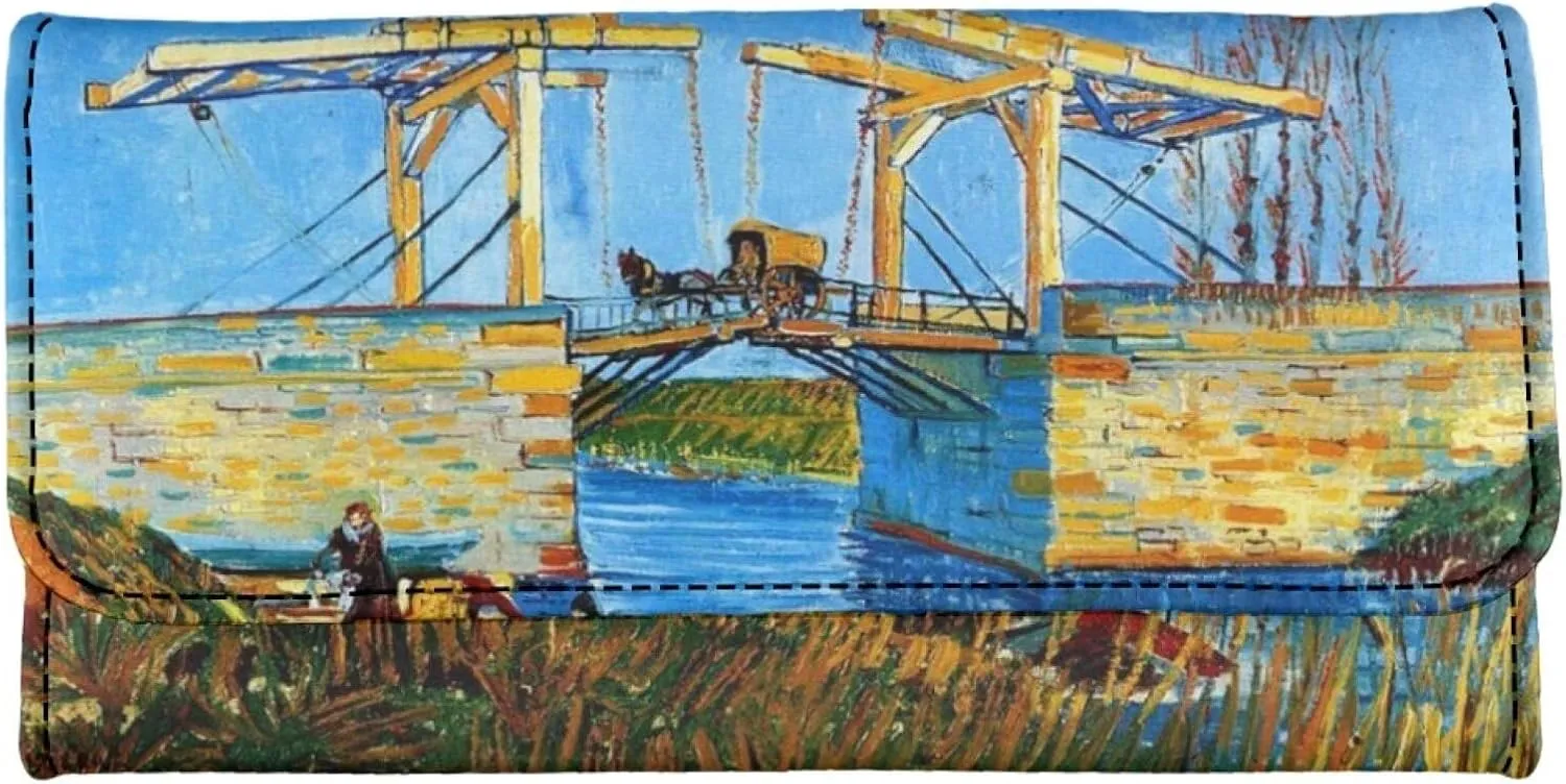 Post-impressionism Art Leather Trifold Wallet for Women Van Gogh Painting Nature Clutch Organizer Wallet, Card Holder Ladies Travel Purse, The Langlois Bridge at Arles