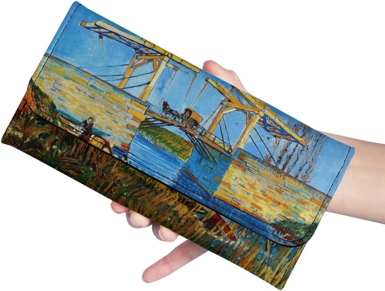 Post-impressionism Art Leather Trifold Wallet for Women Van Gogh Painting Nature Clutch Organizer Wallet, Card Holder Ladies Travel Purse, The Langlois Bridge at Arles