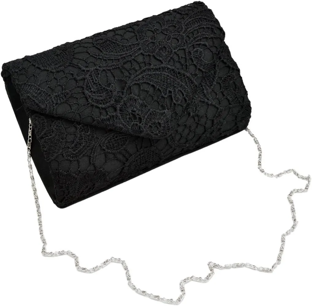 Premium Lace Paisley Floral Fabric Satin Envelope Flap Clutch Evening Bag