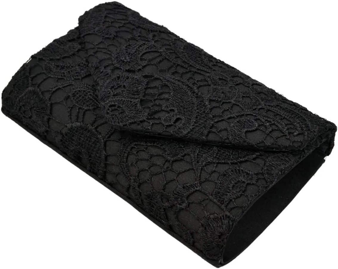 Premium Lace Paisley Floral Fabric Satin Envelope Flap Clutch Evening Bag