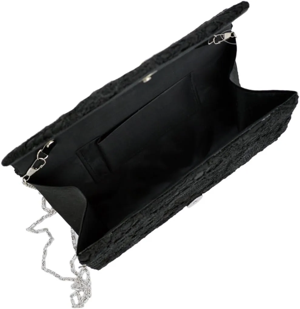 Premium Lace Paisley Floral Fabric Satin Envelope Flap Clutch Evening Bag