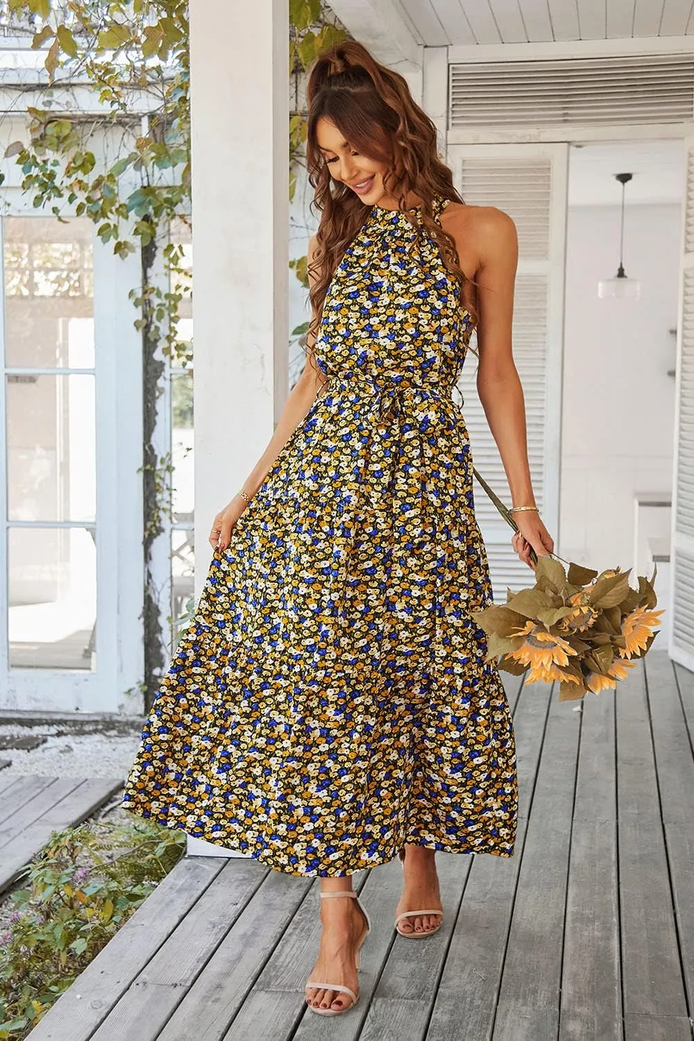 PRETTYGARDEN Women's Summer Floral Maxi Sun Dress Sleeveless Halter Neck Flowy Ruffle Hem Long Boho Dresses with Belt