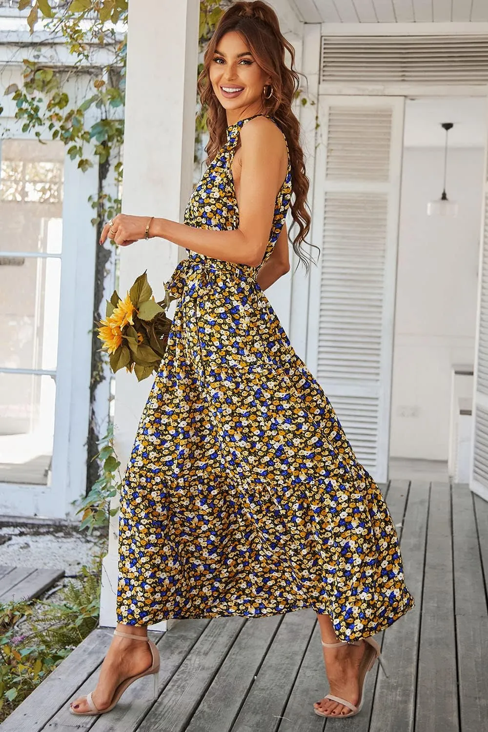 PRETTYGARDEN Women's Summer Floral Maxi Sun Dress Sleeveless Halter Neck Flowy Ruffle Hem Long Boho Dresses with Belt