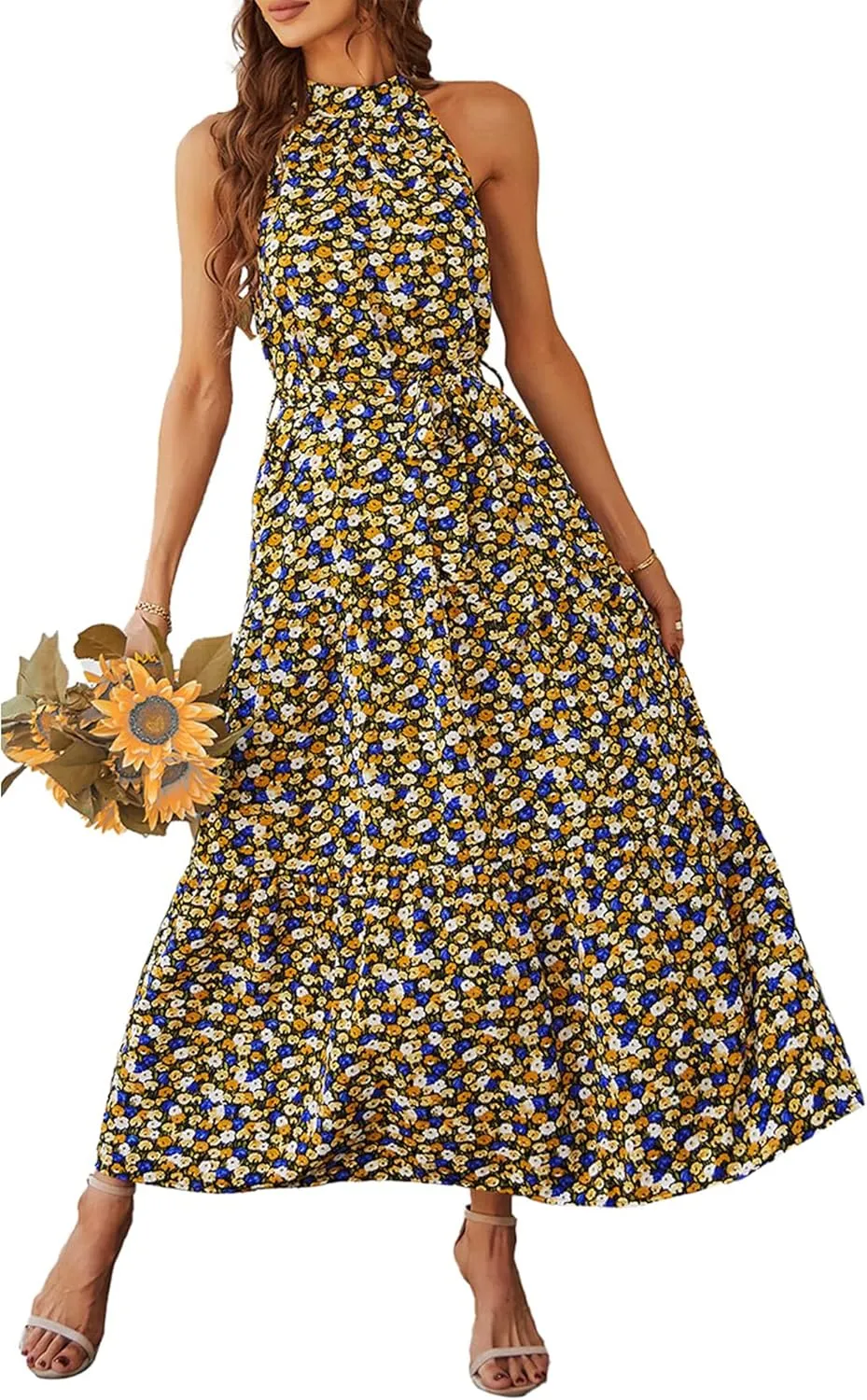 PRETTYGARDEN Women's Summer Floral Maxi Sun Dress Sleeveless Halter Neck Flowy Ruffle Hem Long Boho Dresses with Belt