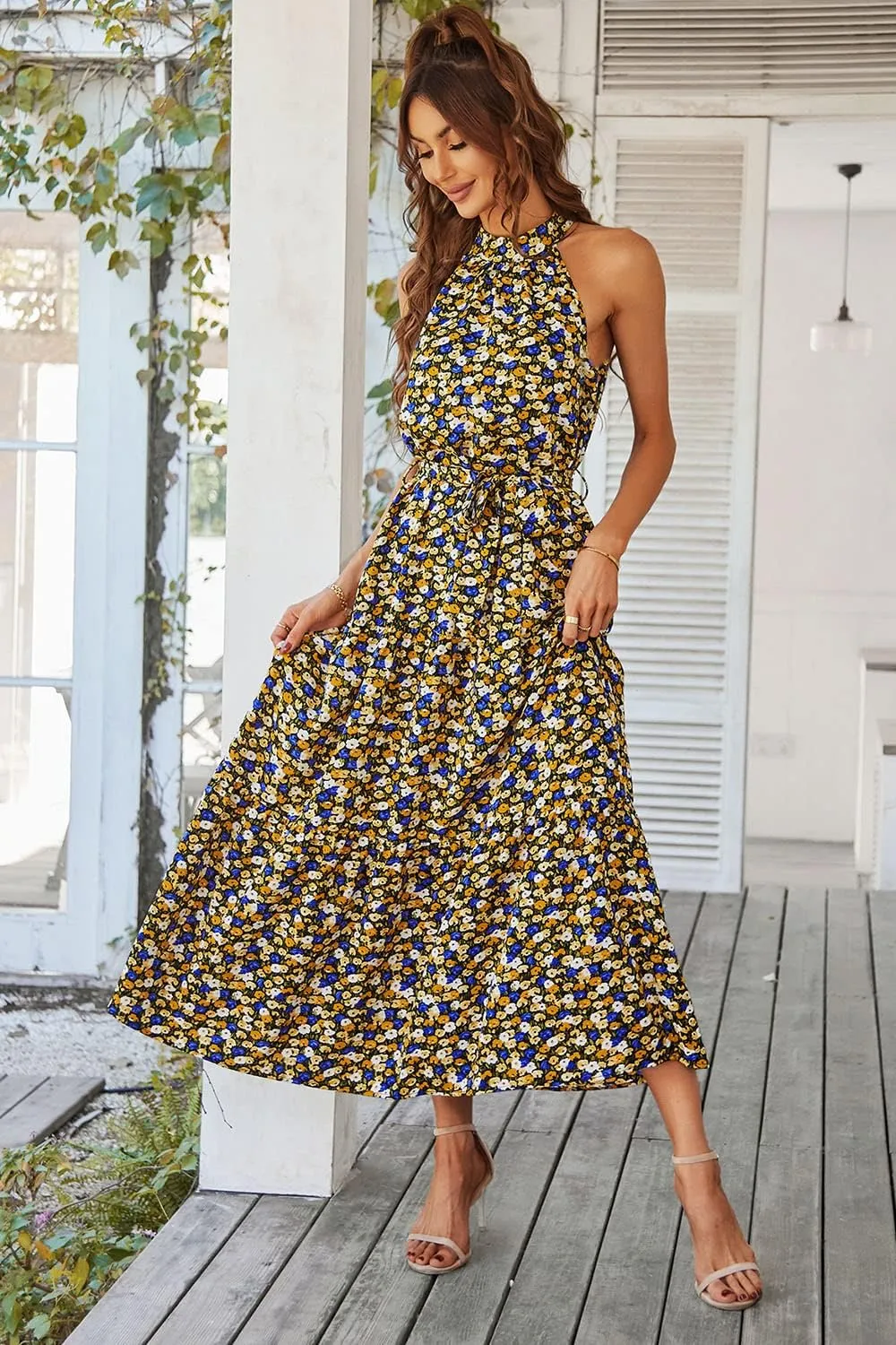PRETTYGARDEN Women's Summer Floral Maxi Sun Dress Sleeveless Halter Neck Flowy Ruffle Hem Long Boho Dresses with Belt