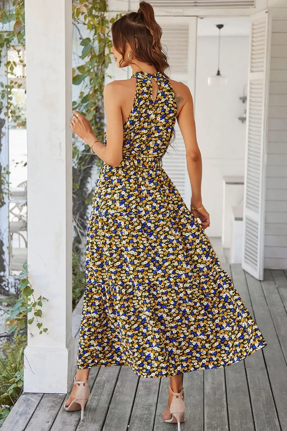 PRETTYGARDEN Women's Summer Floral Maxi Sun Dress Sleeveless Halter Neck Flowy Ruffle Hem Long Boho Dresses with Belt