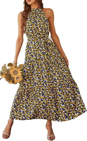 PRETTYGARDEN Women's Summer Floral Maxi Sun Dress Sleeveless Halter Neck Flowy Ruffle Hem Long Boho Dresses with Belt