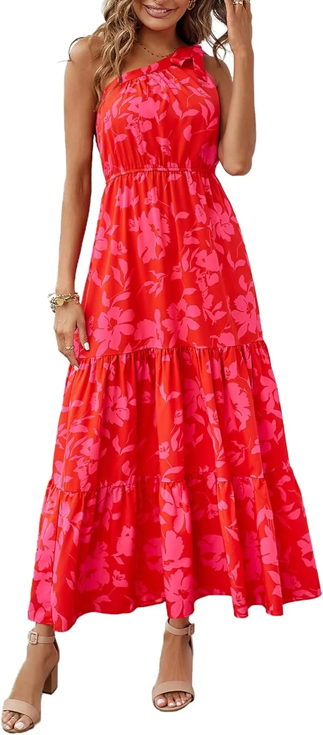 PRETTYGARDEN Women's Summer Floral One Shoulder Maxi Dress Knot Ruffle Boho Beach Vacation Wedding Guest Long Dresses