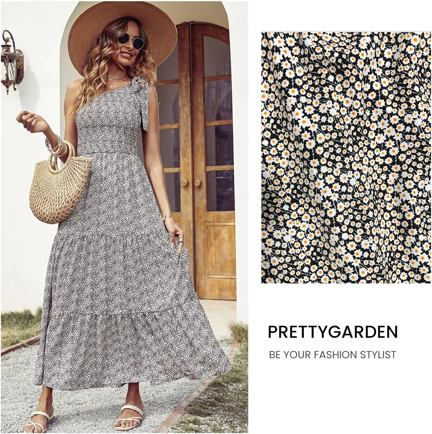 PRETTYGARDEN Women's Summer Floral One Shoulder Maxi Dress Knot Ruffle Boho Beach Vacation Wedding Guest Long Dresses