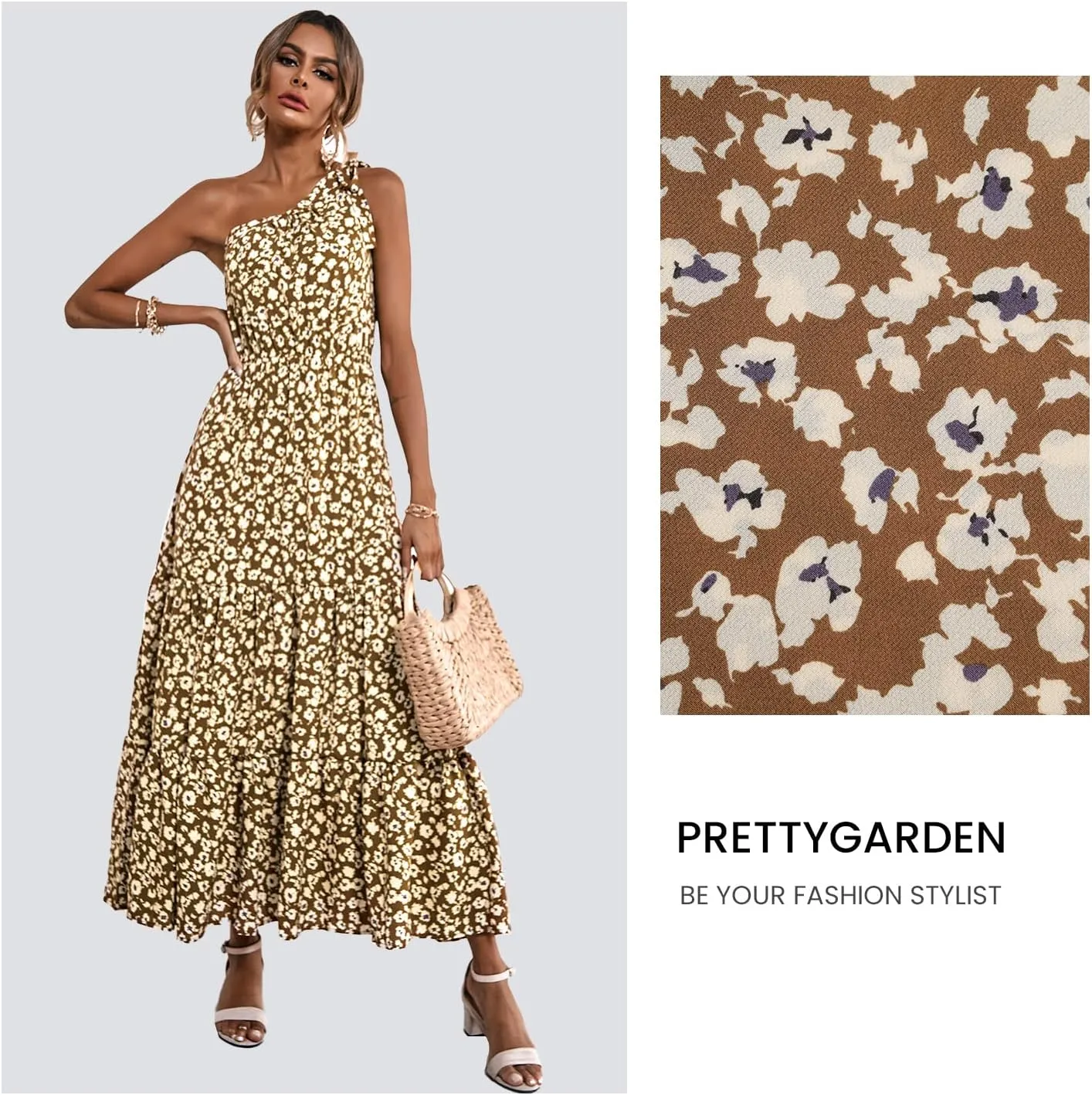 PRETTYGARDEN Women's Summer Floral One Shoulder Maxi Dress Knot Ruffle Boho Beach Vacation Wedding Guest Long Dresses