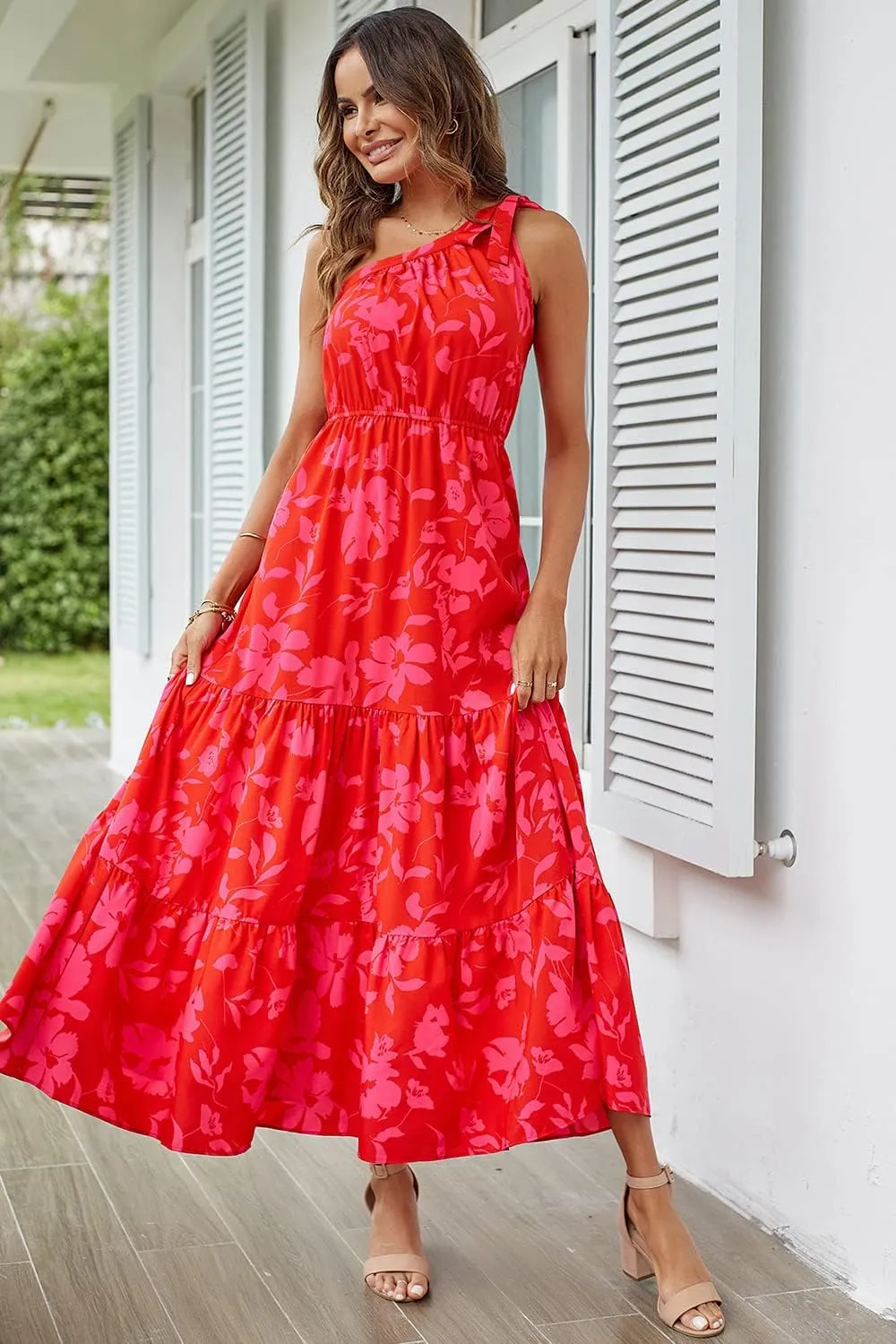 PRETTYGARDEN Women's Summer Floral One Shoulder Maxi Dress Knot Ruffle Boho Beach Vacation Wedding Guest Long Dresses
