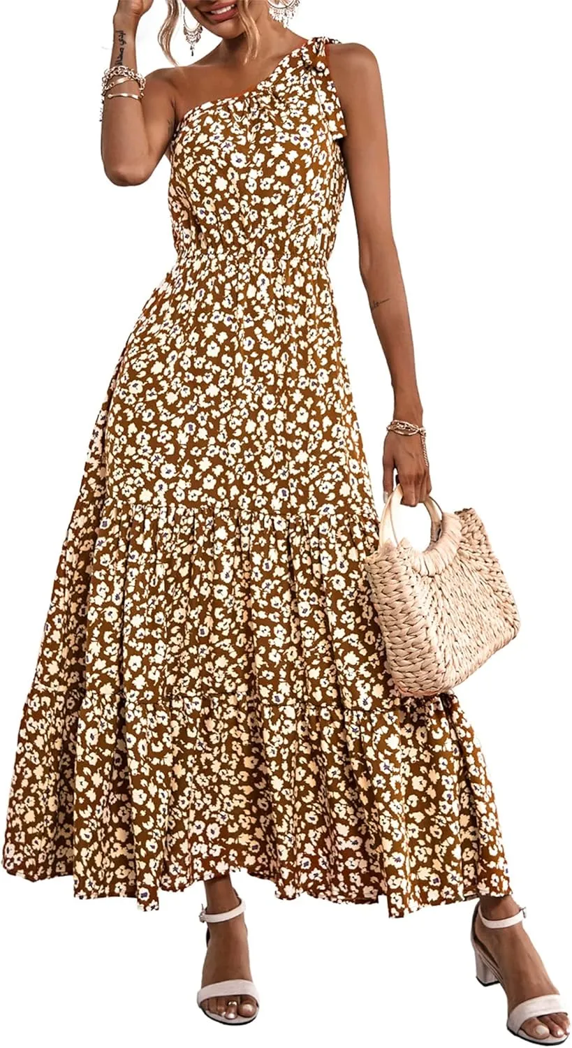 PRETTYGARDEN Women's Summer Floral One Shoulder Maxi Dress Knot Ruffle Boho Beach Vacation Wedding Guest Long Dresses