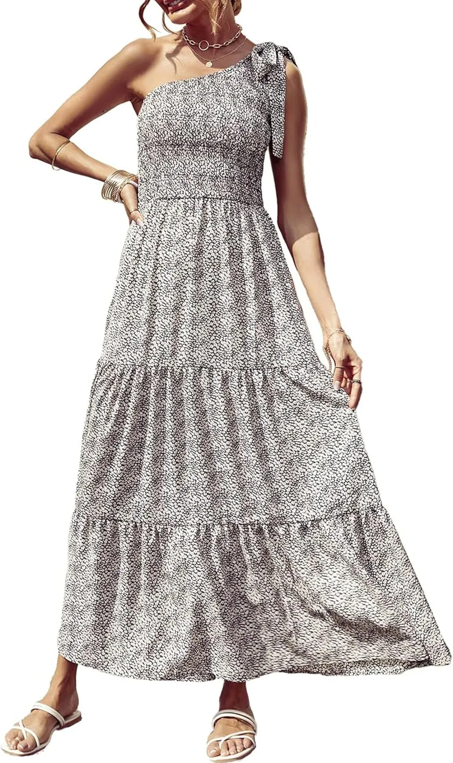 PRETTYGARDEN Women's Summer Floral One Shoulder Maxi Dress Knot Ruffle Boho Beach Vacation Wedding Guest Long Dresses