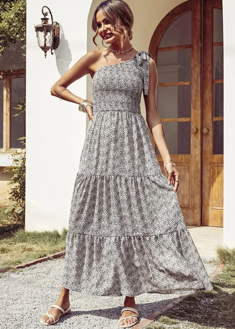 PRETTYGARDEN Women's Summer Floral One Shoulder Maxi Dress Knot Ruffle Boho Beach Vacation Wedding Guest Long Dresses
