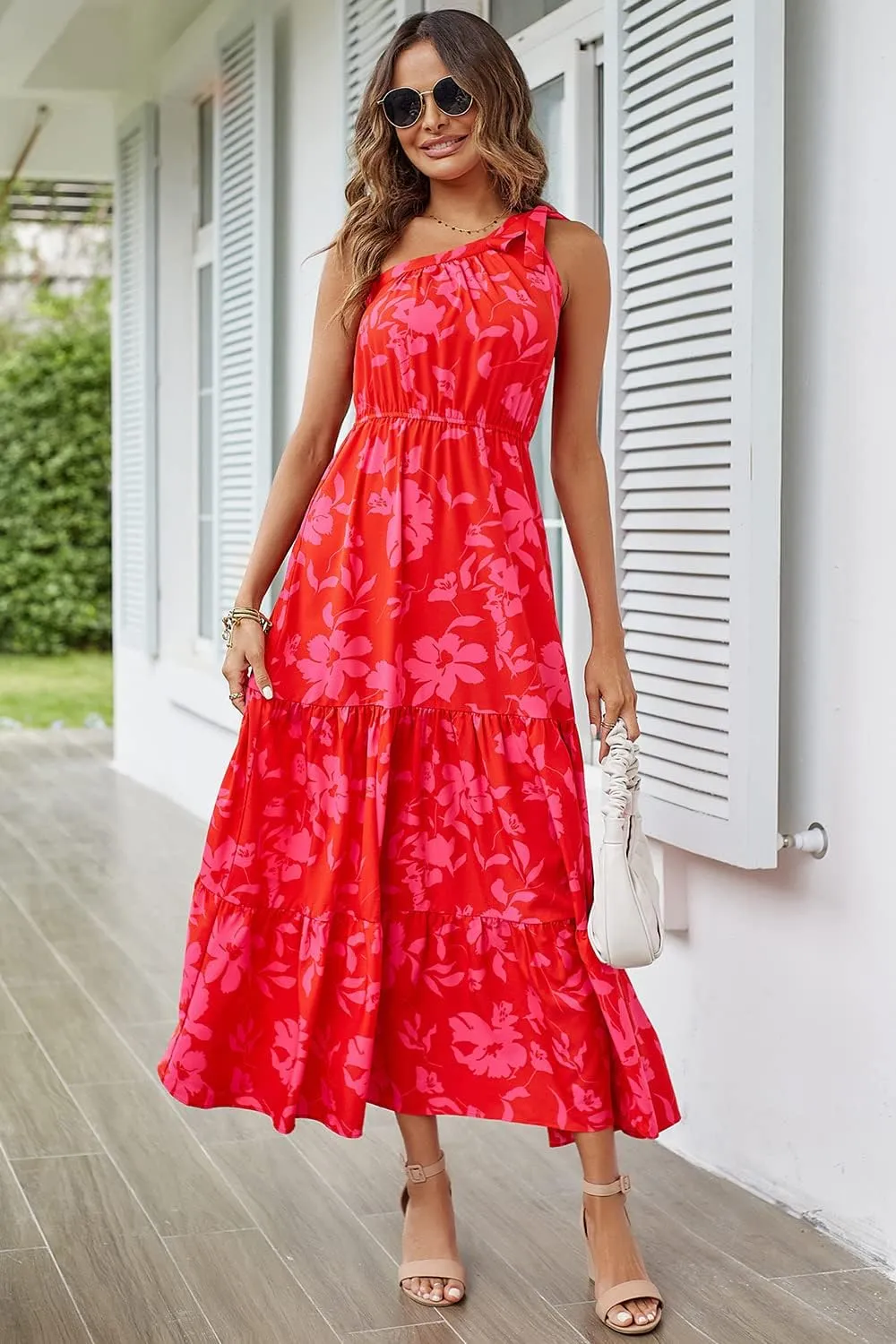 PRETTYGARDEN Women's Summer Floral One Shoulder Maxi Dress Knot Ruffle Boho Beach Vacation Wedding Guest Long Dresses