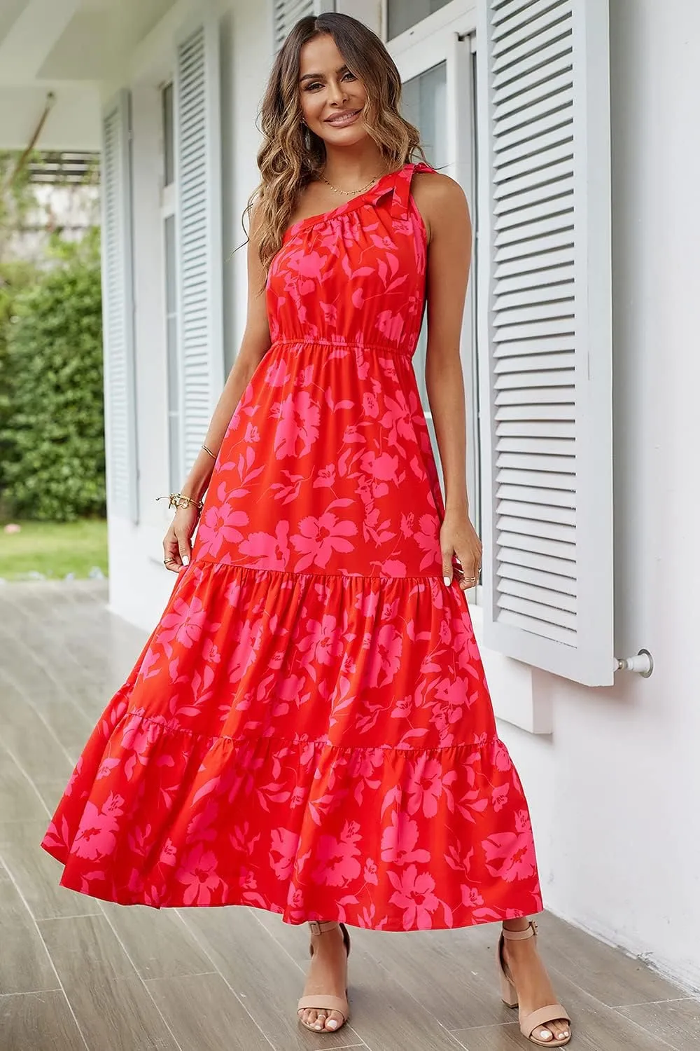 PRETTYGARDEN Women's Summer Floral One Shoulder Maxi Dress Knot Ruffle Boho Beach Vacation Wedding Guest Long Dresses