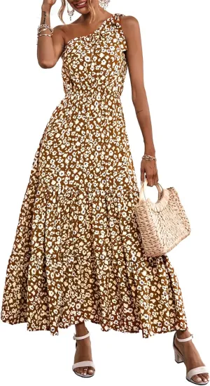 PRETTYGARDEN Women's Summer Floral One Shoulder Maxi Dress Knot Ruffle Boho Beach Vacation Wedding Guest Long Dresses