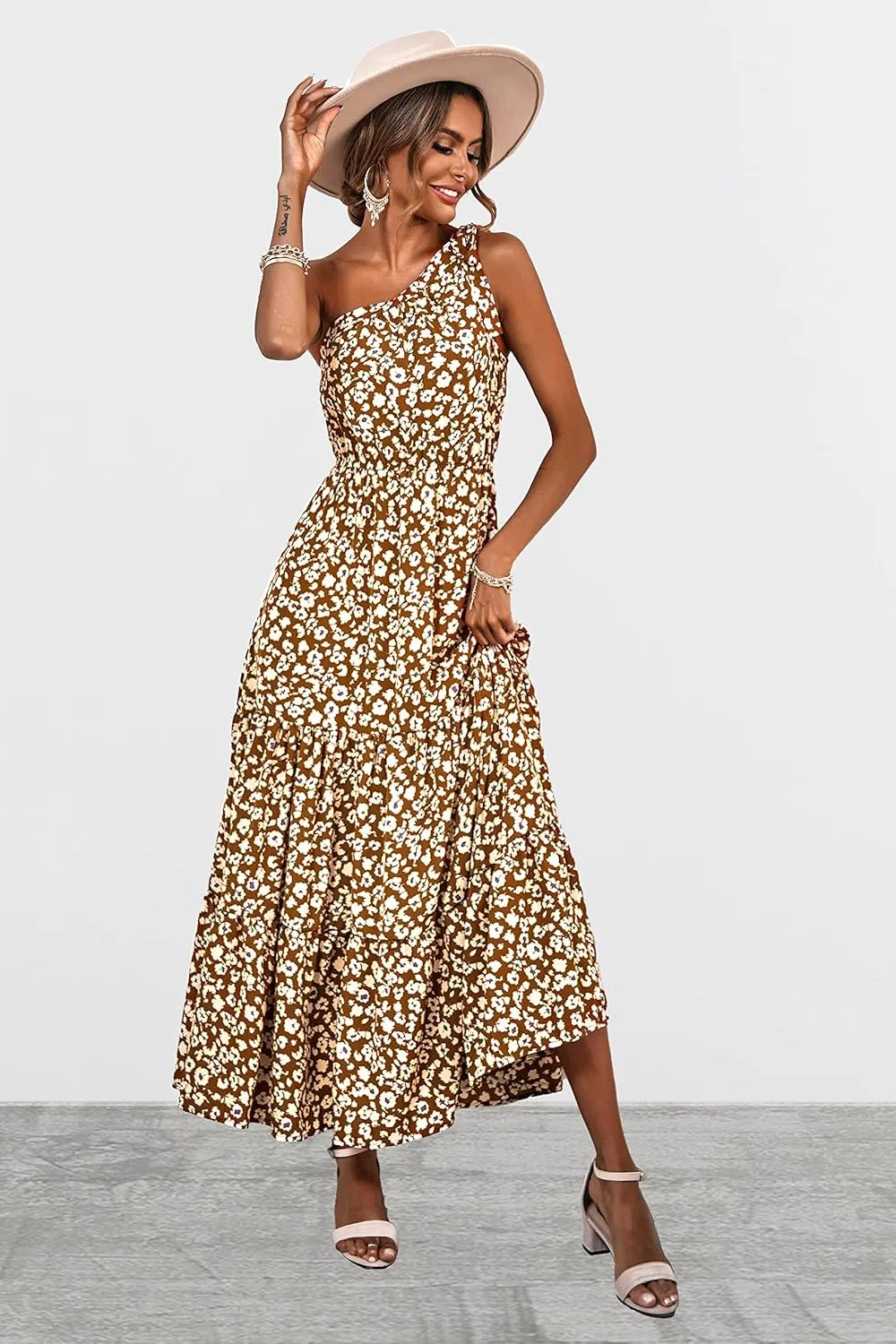 PRETTYGARDEN Women's Summer Floral One Shoulder Maxi Dress Knot Ruffle Boho Beach Vacation Wedding Guest Long Dresses