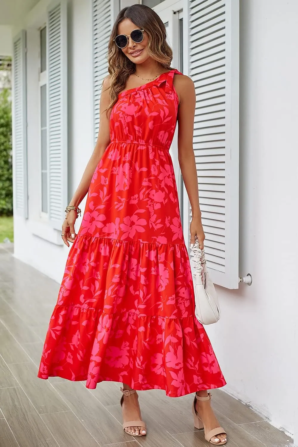 PRETTYGARDEN Women's Summer Floral One Shoulder Maxi Dress Knot Ruffle Boho Beach Vacation Wedding Guest Long Dresses