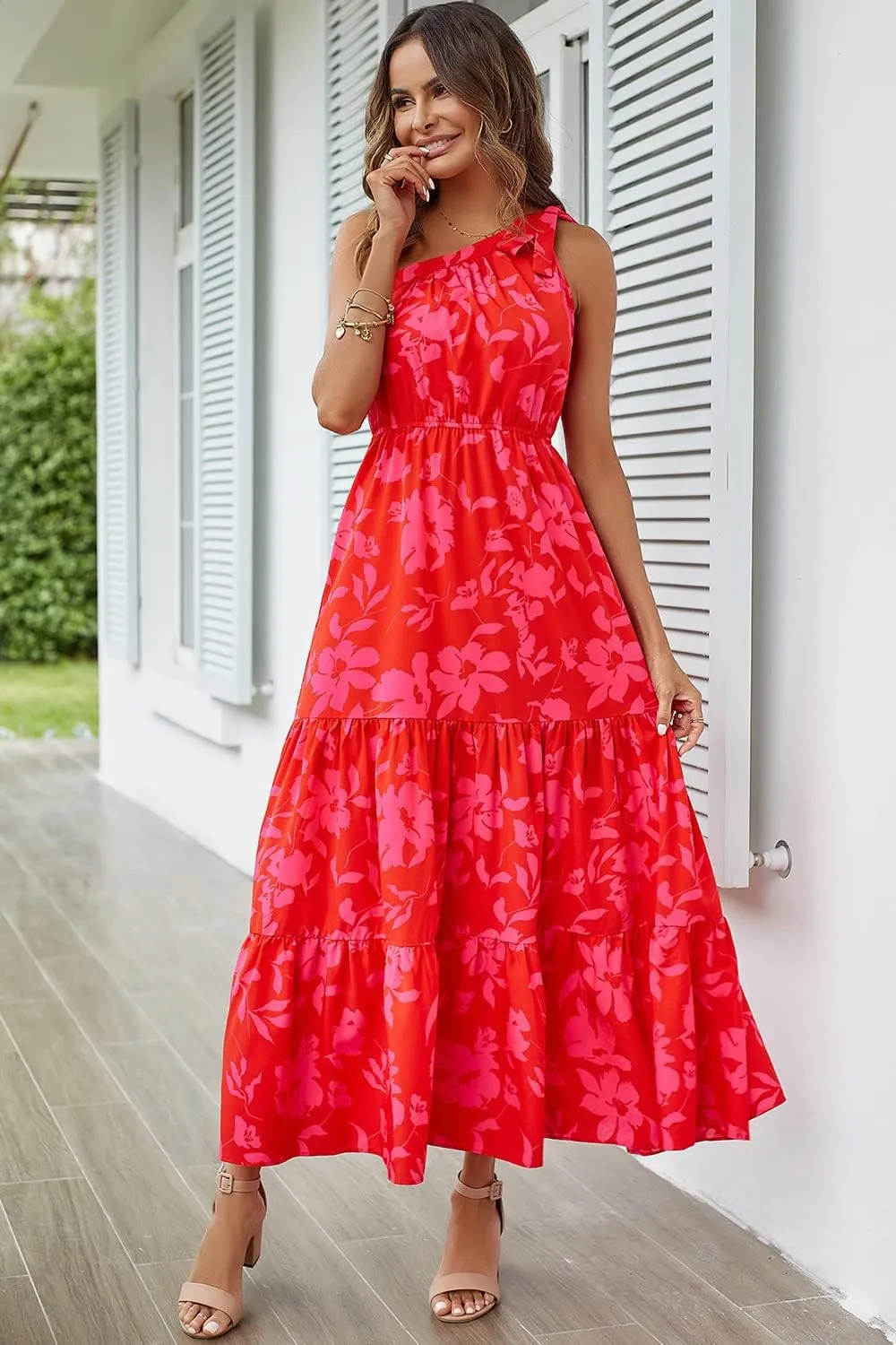 PRETTYGARDEN Women's Summer Floral One Shoulder Maxi Dress Knot Ruffle Boho Beach Vacation Wedding Guest Long Dresses