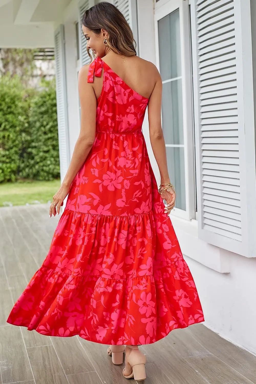 PRETTYGARDEN Women's Summer Floral One Shoulder Maxi Dress Knot Ruffle Boho Beach Vacation Wedding Guest Long Dresses