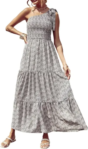 PRETTYGARDEN Women's Summer Floral One Shoulder Maxi Dress Knot Ruffle Boho Beach Vacation Wedding Guest Long Dresses
