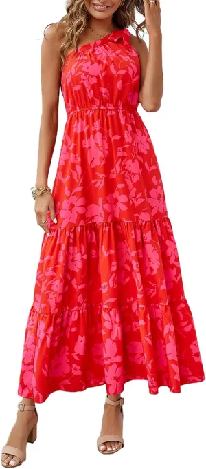 PRETTYGARDEN Women's Summer Floral One Shoulder Maxi Dress Knot Ruffle Boho Beach Vacation Wedding Guest Long Dresses
