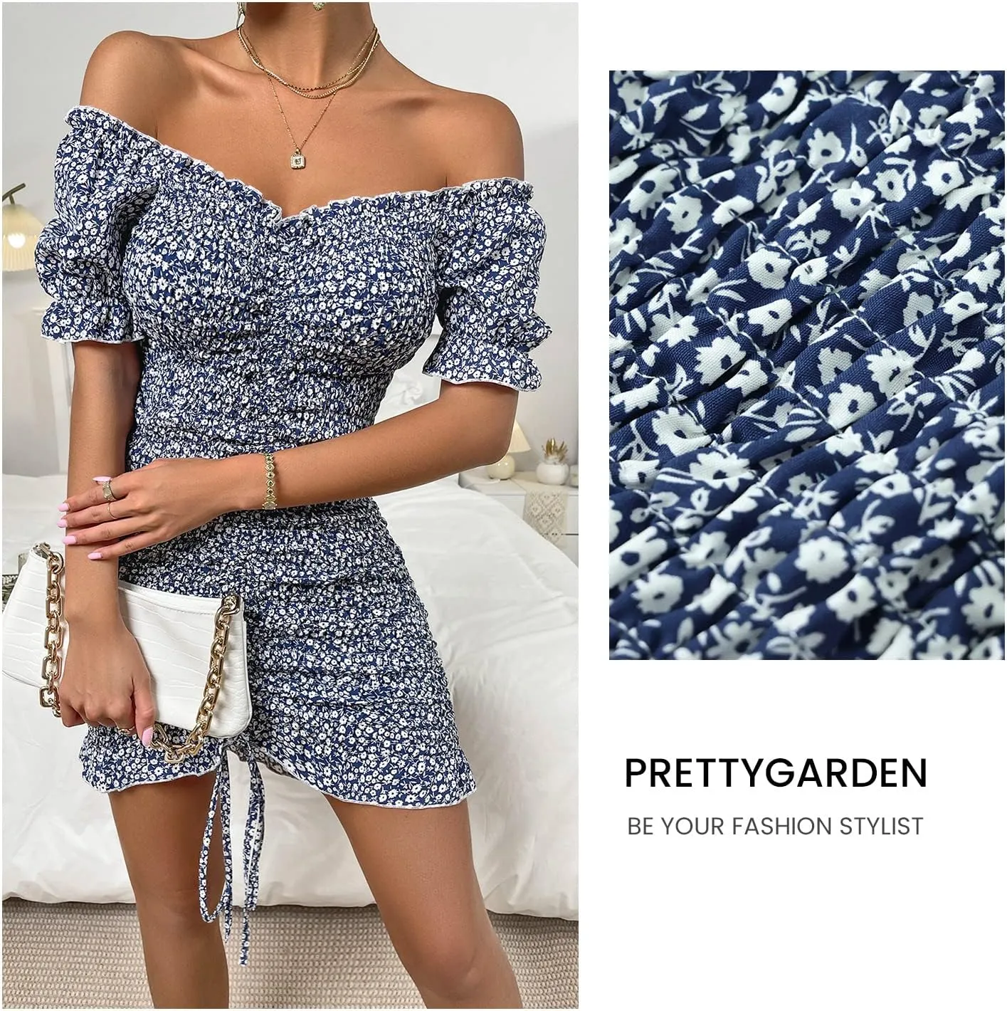 PRETTYGARDEN Women's Summer Off Shoulder Bodycon Dresses Short Sleeve Drawstring Sexy Mini Party Club Smocked Dress