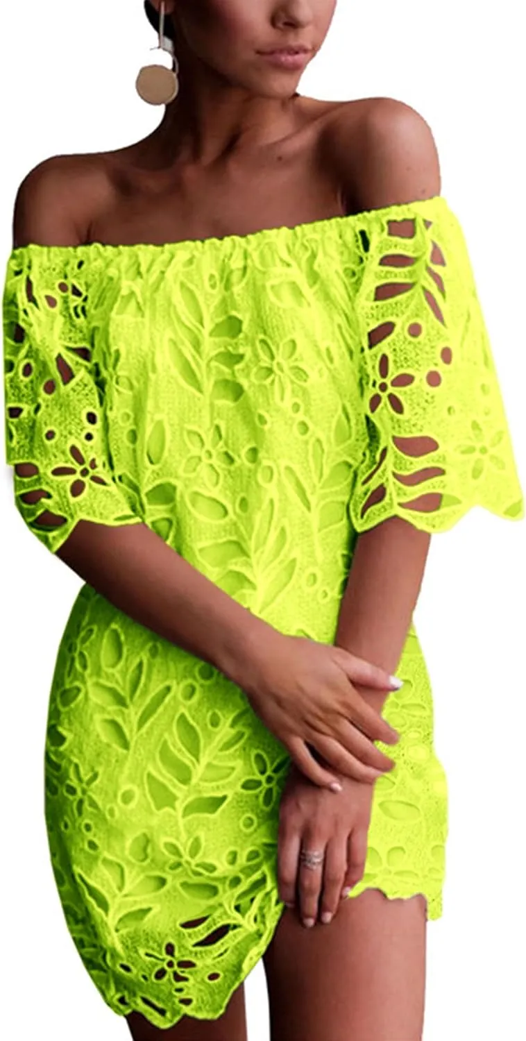 PRETTYGARDEN Women's Summer Off Shoulder Dresses Floral Lace Flare Short Sleeve Spring Vintage Elegant Mini Dress