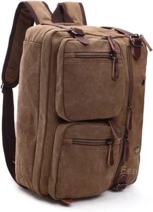 Professional Canvas Rucksack Convertible to Briefcase Messenger Bag or Backpack Large Capacity for Work or School