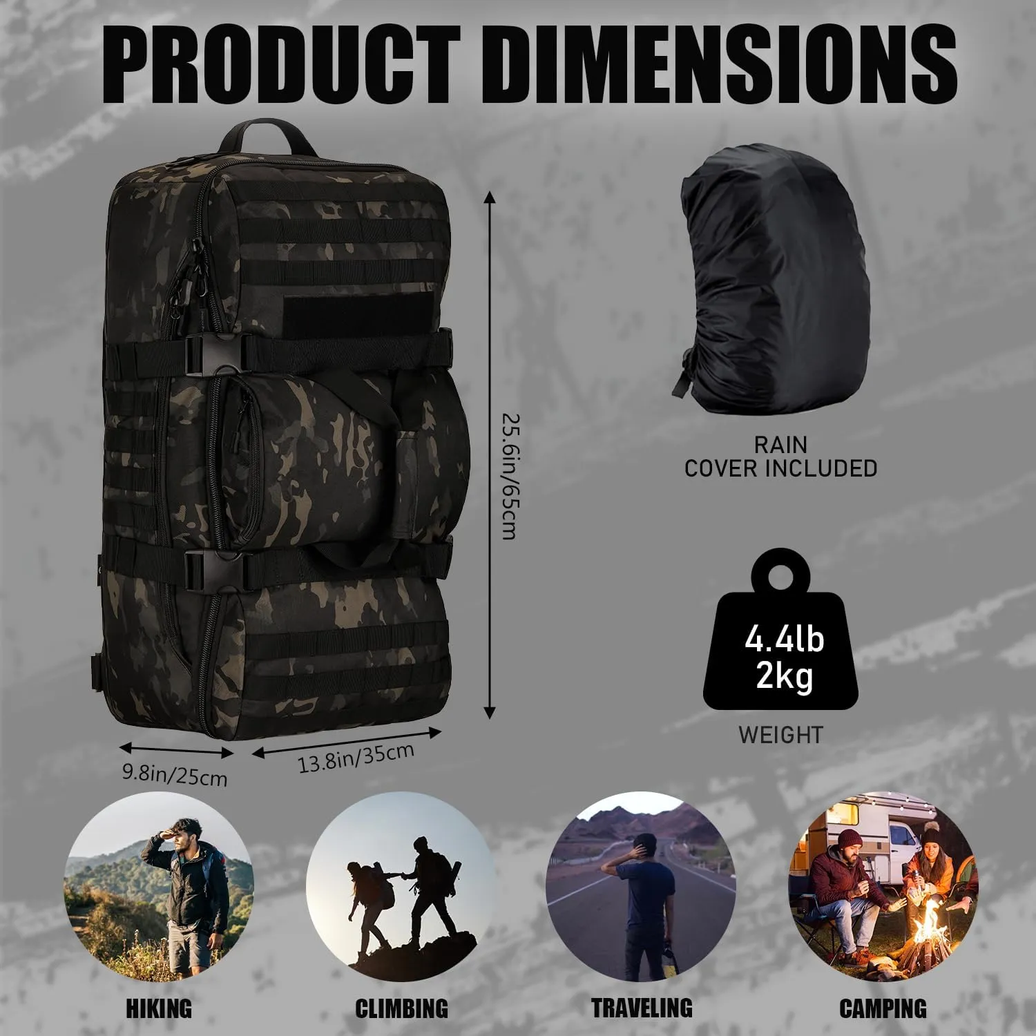 Protector Plus Tactical Travel Backpack 60L Military MOLLE Duffel Bag (Rain Cover & Patch Included)