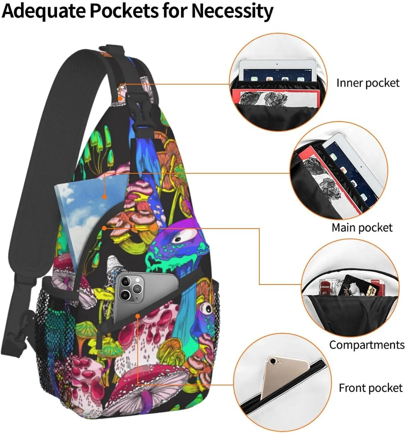 Psychedelic Trippy Mushrooms Hippie Sling Bag for Men Women Crossbody Backpack Cycling Hiking Daypack Chest Shoulder Bag with Adjustable Strap