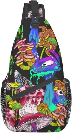 Psychedelic Trippy Mushrooms Hippie Sling Bag for Men Women Crossbody Backpack Cycling Hiking Daypack Chest Shoulder Bag with Adjustable Strap