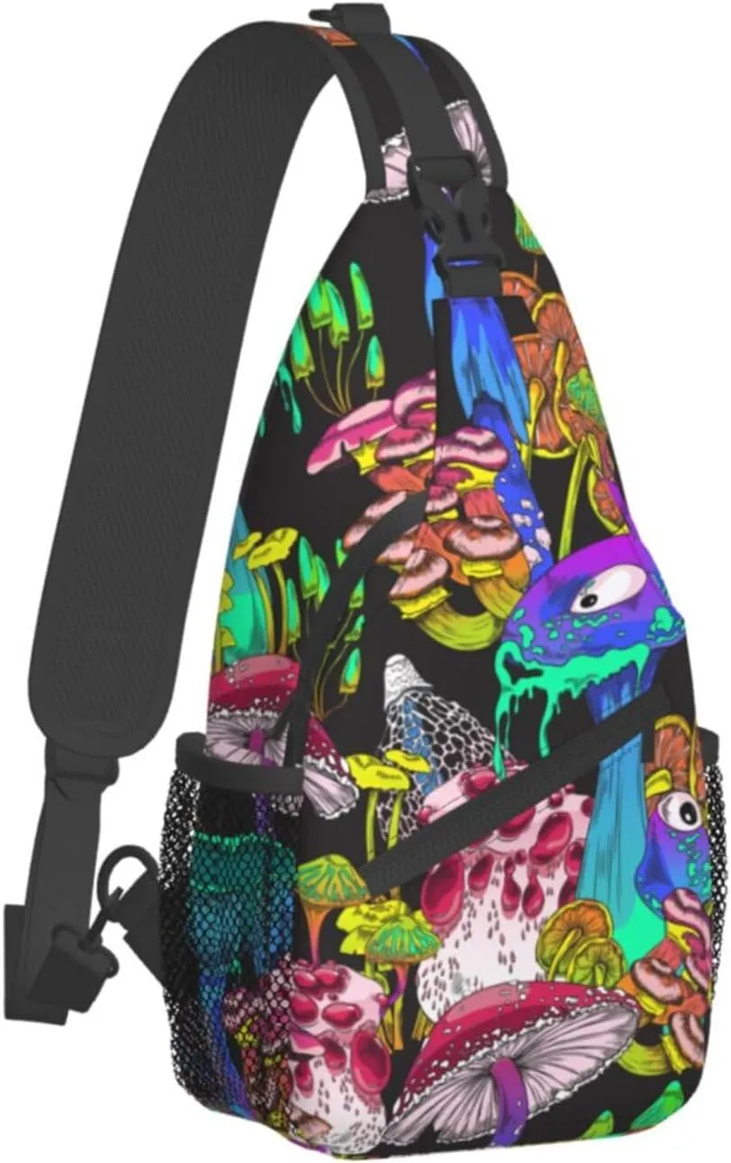 Psychedelic Trippy Mushrooms Hippie Sling Bag for Men Women Crossbody Backpack Cycling Hiking Daypack Chest Shoulder Bag with Adjustable Strap