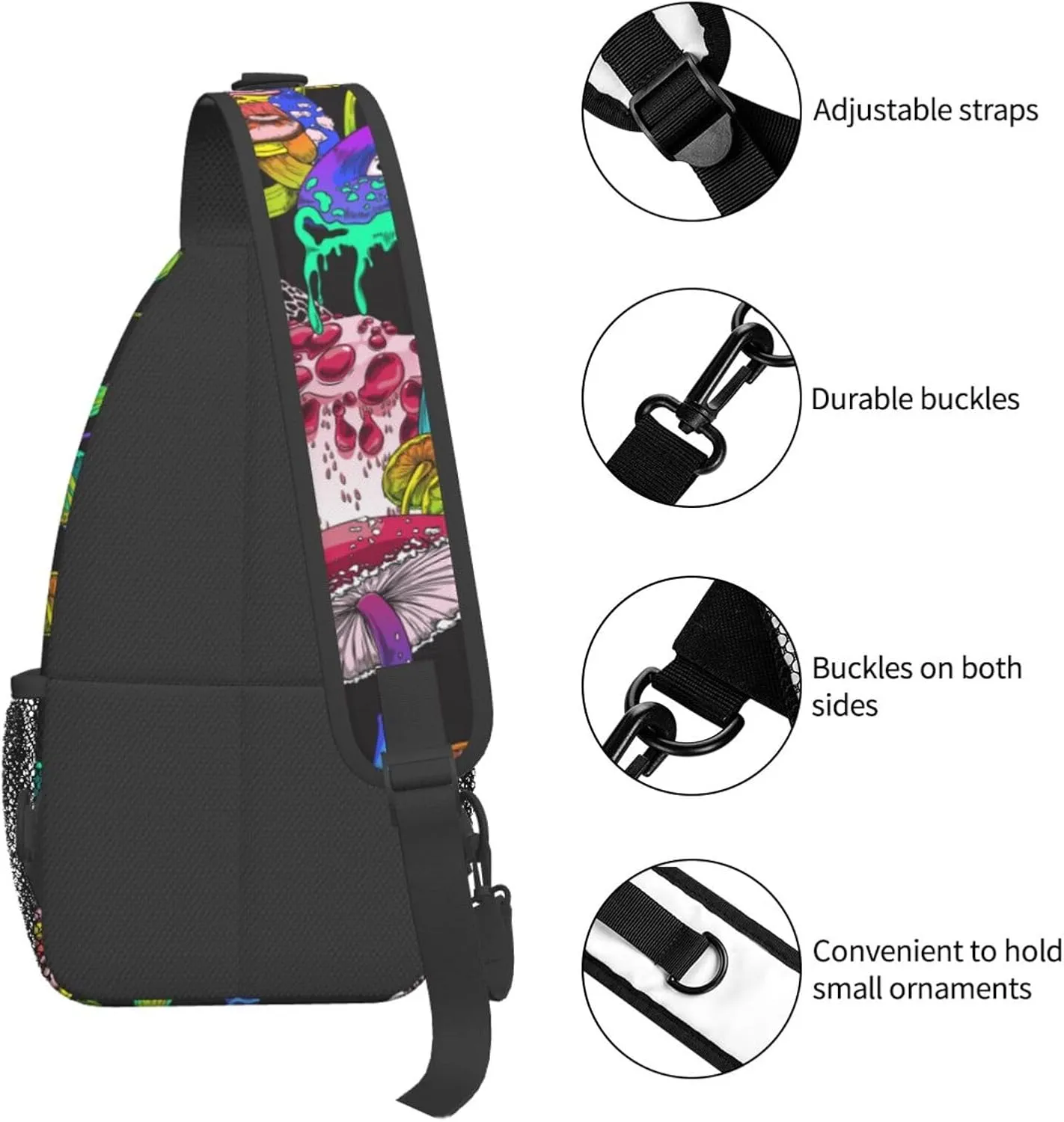 Psychedelic Trippy Mushrooms Hippie Sling Bag for Men Women Crossbody Backpack Cycling Hiking Daypack Chest Shoulder Bag with Adjustable Strap