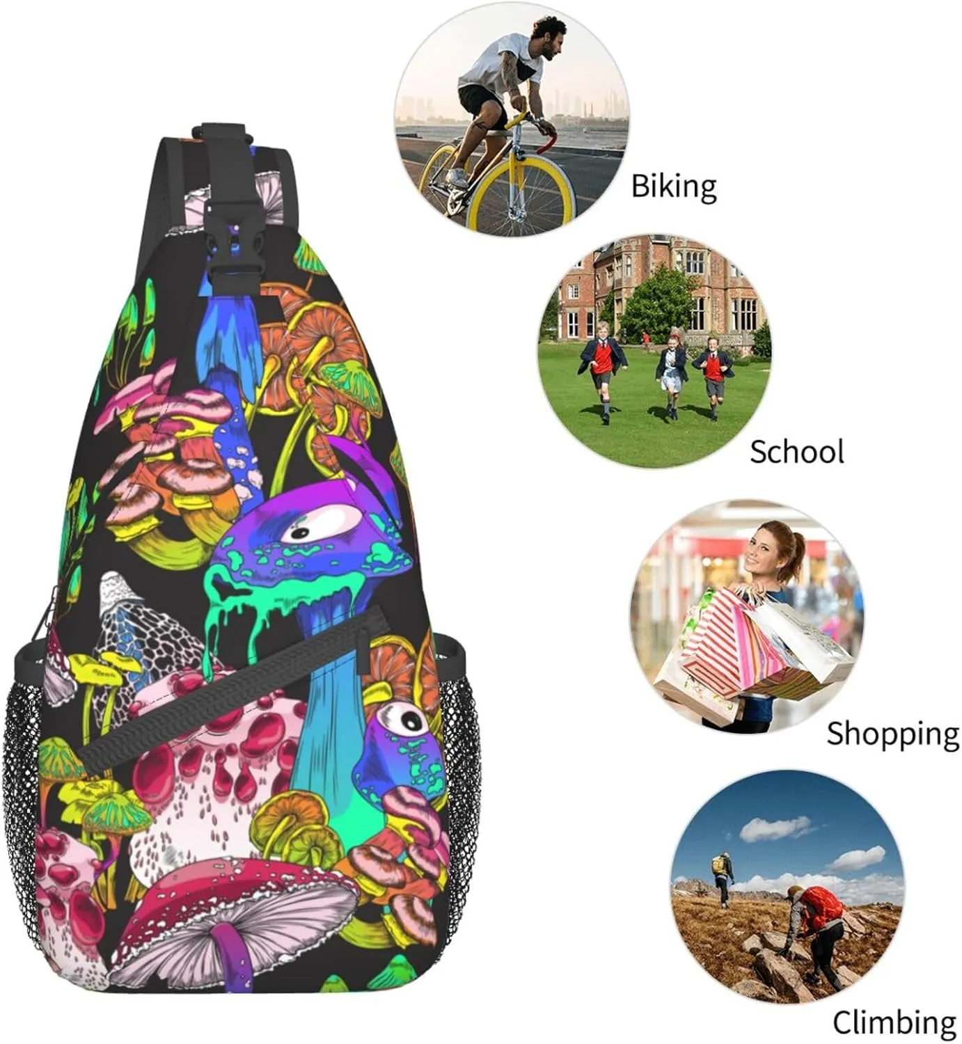 Psychedelic Trippy Mushrooms Hippie Sling Bag for Men Women Crossbody Backpack Cycling Hiking Daypack Chest Shoulder Bag with Adjustable Strap
